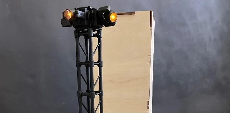 Spot-light prototype and CNC-cut wooden transport case